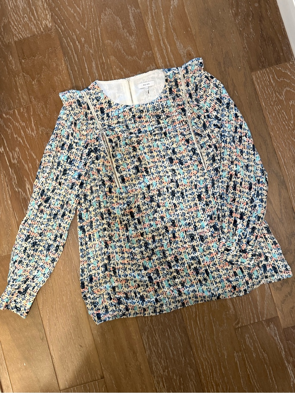 Reiss Floral Pintuck Blouse - Navy, Coral, Mint Zippers Details Soft Fabric